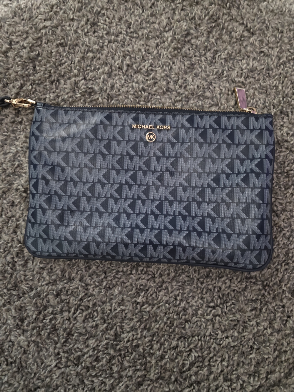 Michael Kors Dark Blue MK Logo Zip Wristlet with Gold Hardware